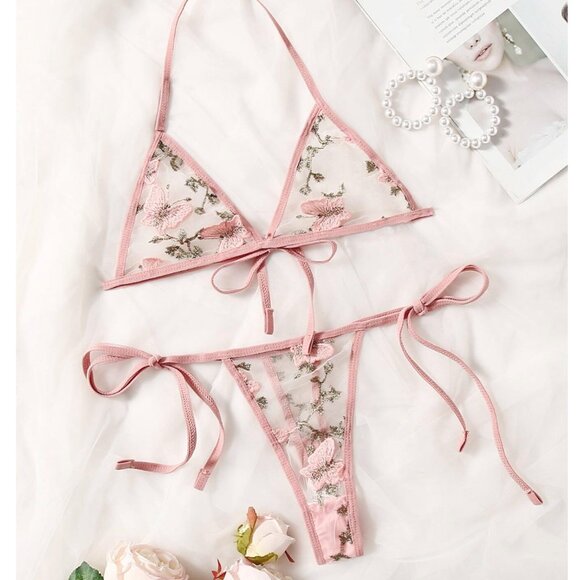 Other - Butterfly Embroidered Mesh Lingerie Set